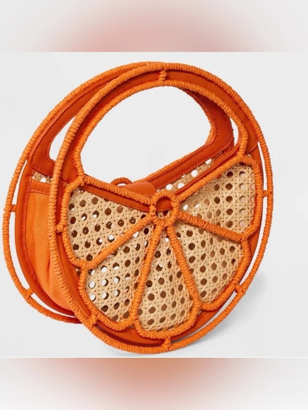 A New Day Rattan Wicker Orange Slice Fruit Bag Circular Clutch Purse NWT